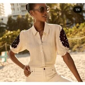 Chico's Beige Linen Blend Button Up Puff Sleeve Embroidered Shirt Size 6